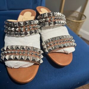 Christian Louboutin Silver and Tan Studded Sandals